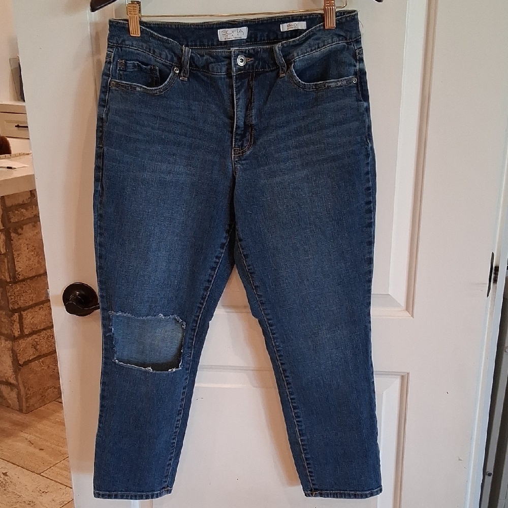 SOFIA Bagi Boyfriend Jeans Size 10S Dark Distressed Knee Wash